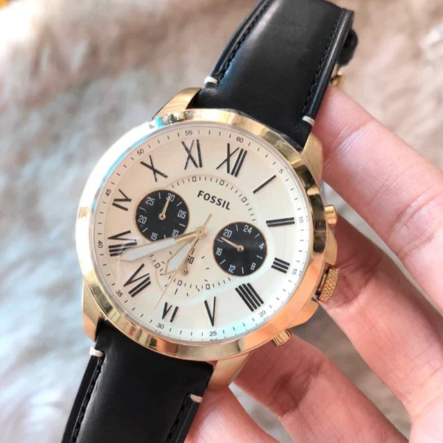 Fossil Grant FS5272 44mm Men’s Chronograph Watch – Cream Dial & Black Genuine Leather Strap