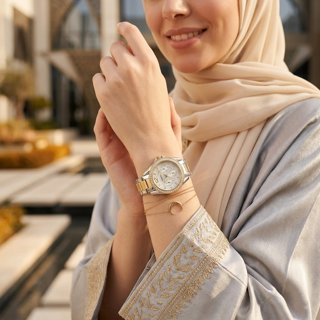 Fossil Riley ES3204 38mm Women’s Watch – Silver Sunray Dial, Two-Tone Bracelet & Crystal-Set Gold-Tone Bezel