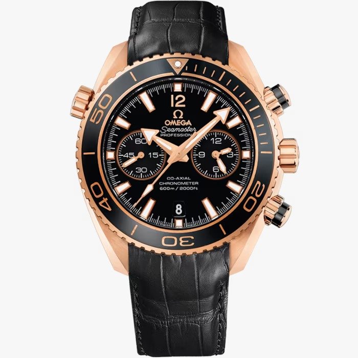 Omega Seamaster Planet Ocean 45.5mm Master Quality Watch – Black Dial, Rose Gold-Tone Case & Black Leather Strap