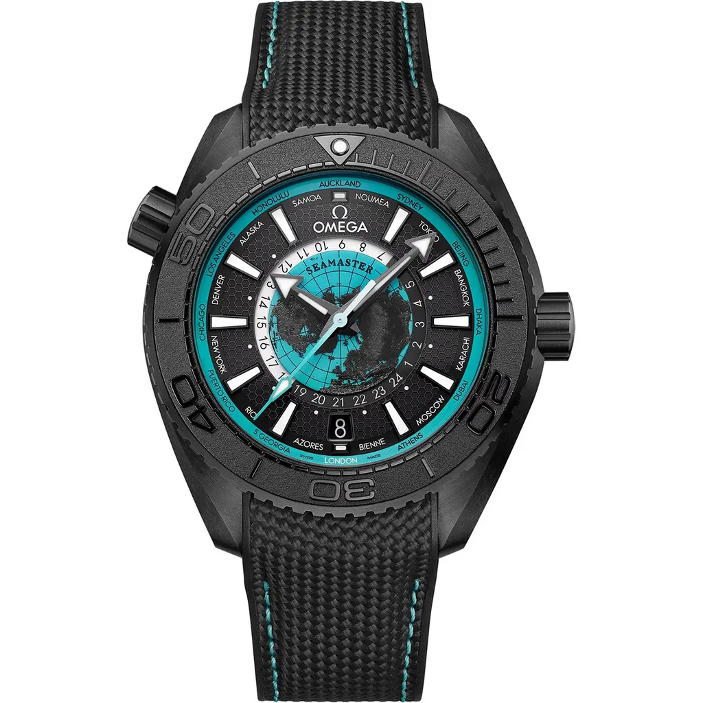Omega Seamaster Planet Ocean Worldtimer Master Quality Watch – Turquoise Dial & Black Rubber Strap