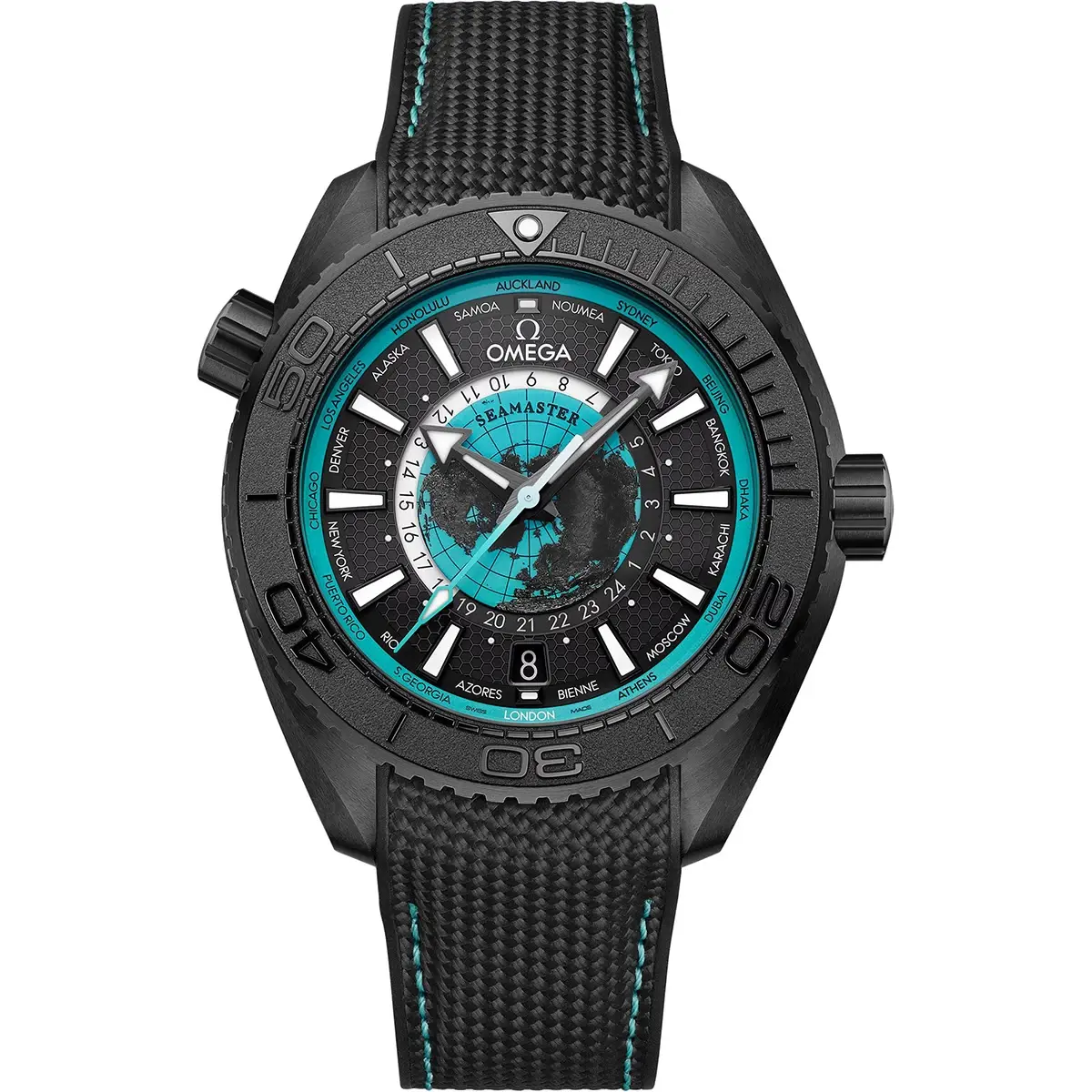 Omega Seamaster Planet Ocean Worldtimer Master Quality Watch – Turquoise Dial & Black Rubber Strap