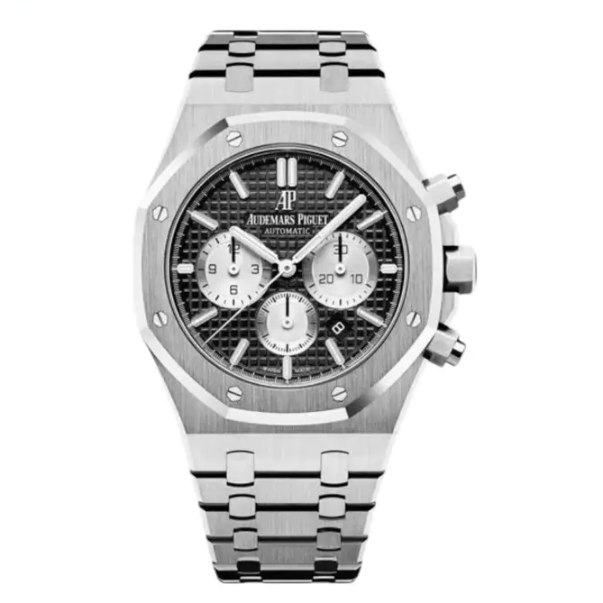 Audemars Piguet Royal Oak Men's Quartz Watch – Black with Silver Stainless Steel Bracelet