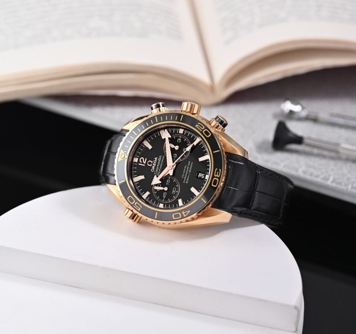 Omega Seamaster Planet Ocean 45.5mm Master Quality Watch – Black Dial, Rose Gold-Tone Case & Black Leather Strap