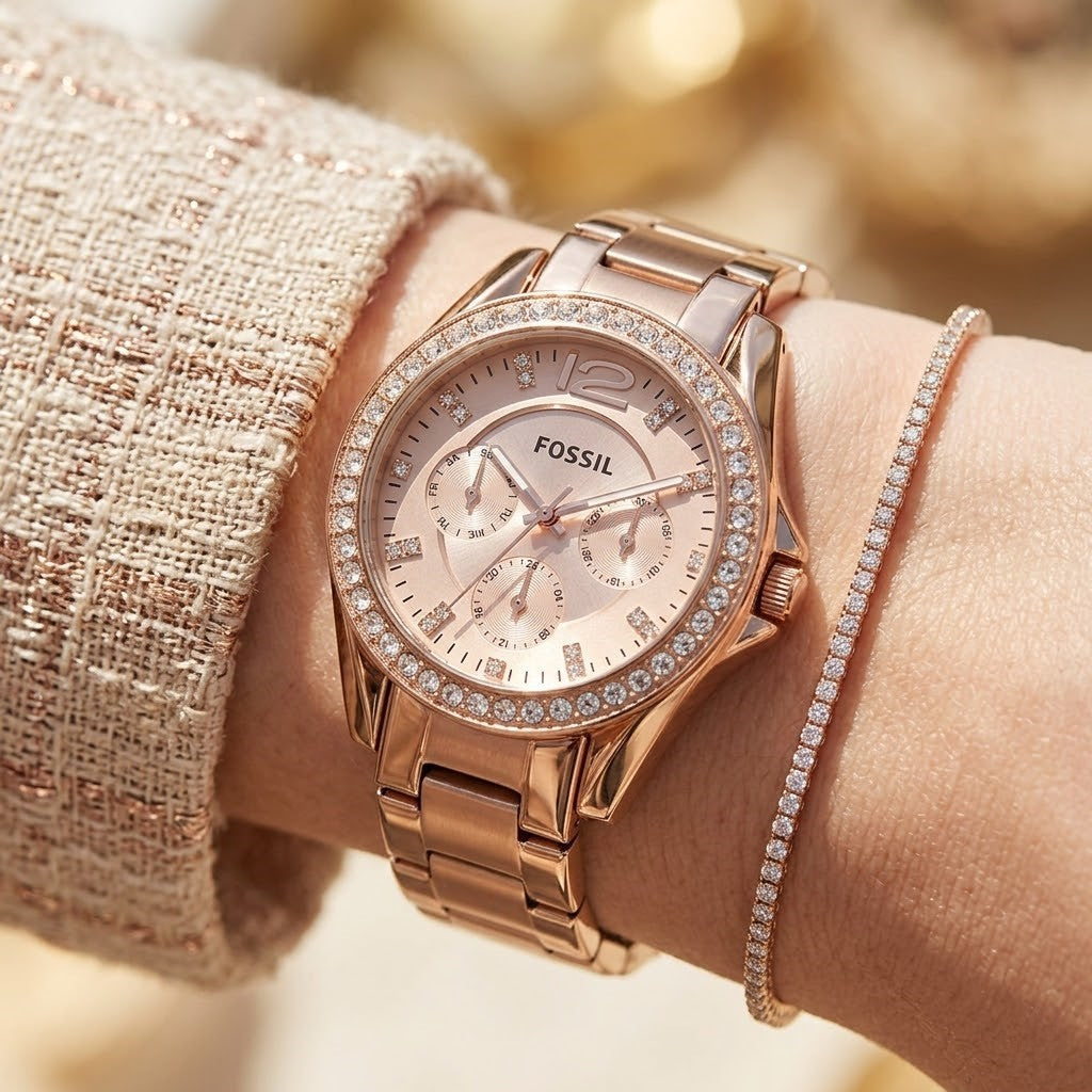 Fossil Riley ES2811 38mm Women’s Watch – Rose Gold-Tone Dial, Stainless Steel Bracelet & Crystal-Set Bezel