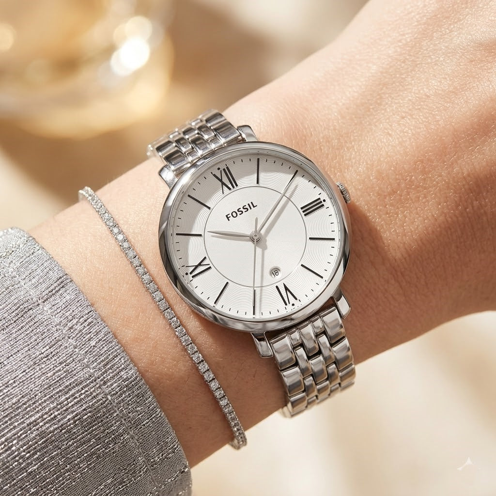 Fossil Jacqueline ES3433 36mm Women’s Watch – White Dial, Silver-Tone Stainless Steel Bracelet & Date Display
