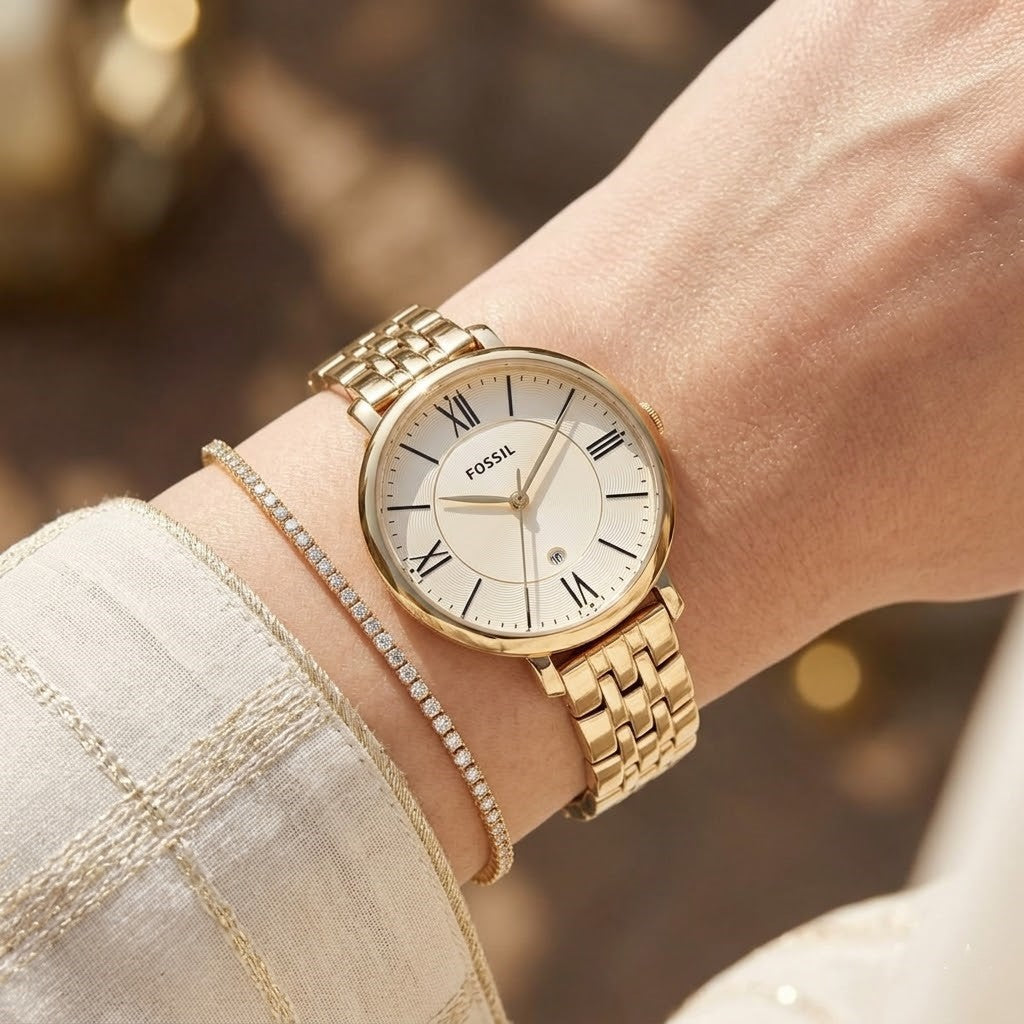 Fossil Jacqueline ES3434 36mm Women’s Watch – Cream Dial, Gold-Tone Stainless Steel Bracelet & Date Display