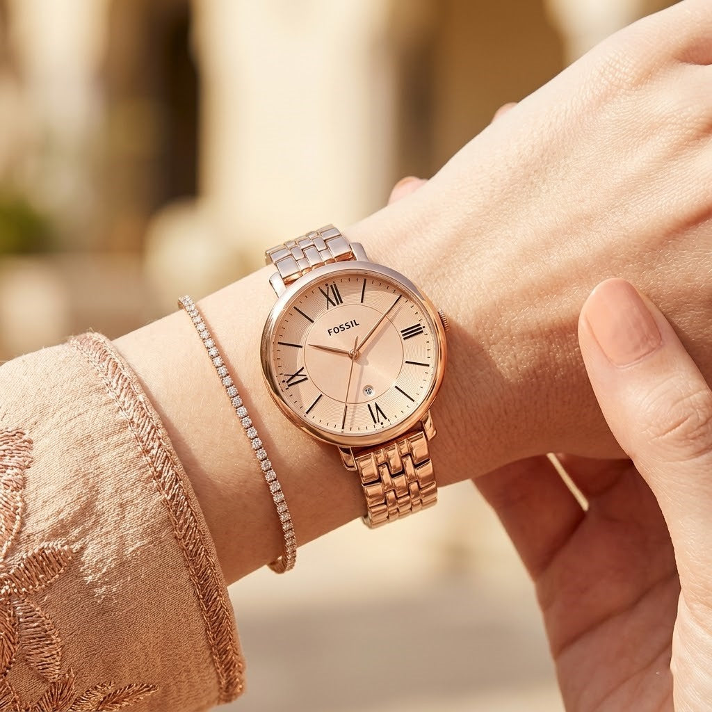 Fossil Jacqueline ES3435 36mm Women’s Watch – Rose Gold-Tone Dial, Stainless Steel Bracelet & Date Display