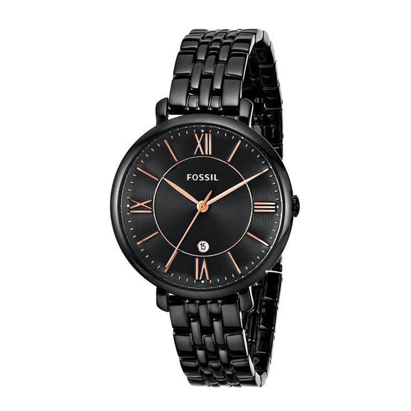 Fossil Jacqueline ES3614 36mm Women’s Watch – Textured Black Dial, Black Stainless Steel Bracelet & Rose Gold-Tone Accents