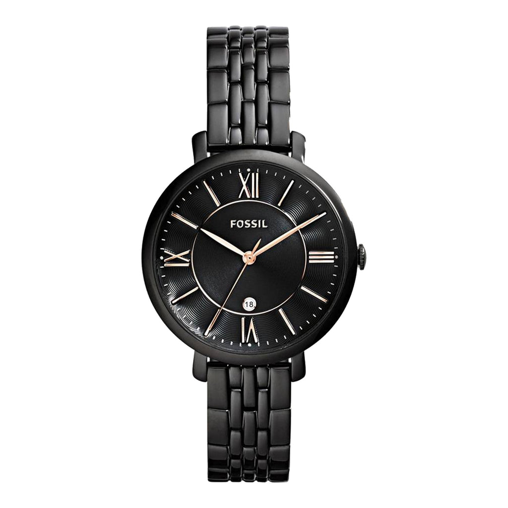 Fossil Jacqueline ES3614 36mm Women’s Watch – Textured Black Dial, Black Stainless Steel Bracelet & Rose Gold-Tone Accents