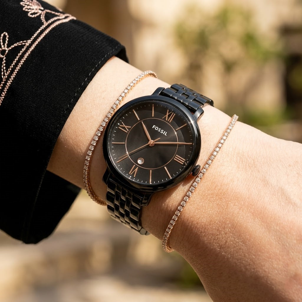Fossil Jacqueline ES3614 36mm Women’s Watch – Textured Black Dial, Black Stainless Steel Bracelet & Rose Gold-Tone Accents
