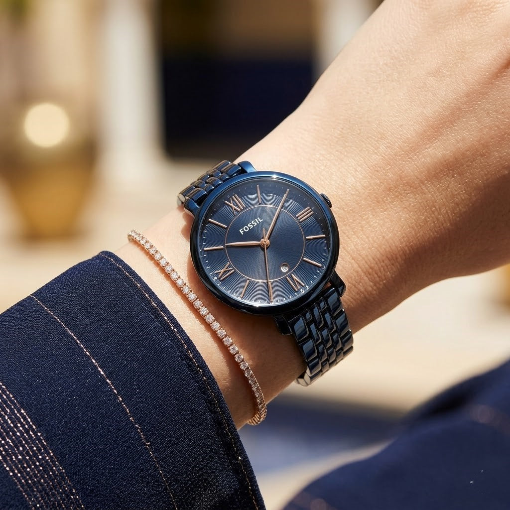 Fossil Jacqueline ES4094 36mm Women’s Watch – Textured Navy Dial, Navy Stainless Steel Bracelet & Rose Gold-Tone Accents