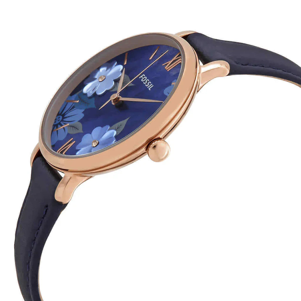 Fossil Carlie Mini ES4673 28mm Women’s Watch – Navy Floral Dial, Rose Gold-Tone Case & Leather Strap