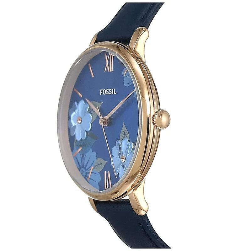 Fossil Carlie Mini ES4673 28mm Women’s Watch – Navy Floral Dial, Rose Gold-Tone Case & Leather Strap