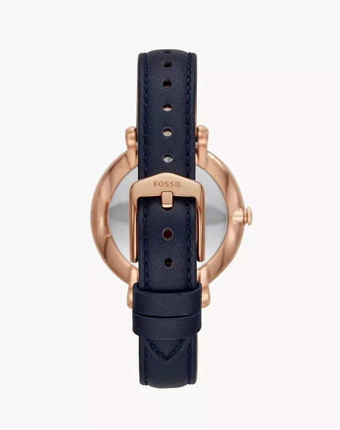Fossil Carlie Mini ES4673 28mm Women’s Watch – Navy Floral Dial, Rose Gold-Tone Case & Leather Strap