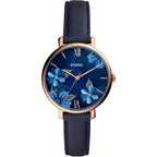 Fossil Carlie Mini ES4673 28mm Women’s Watch – Navy Floral Dial, Rose Gold-Tone Case & Leather Strap
