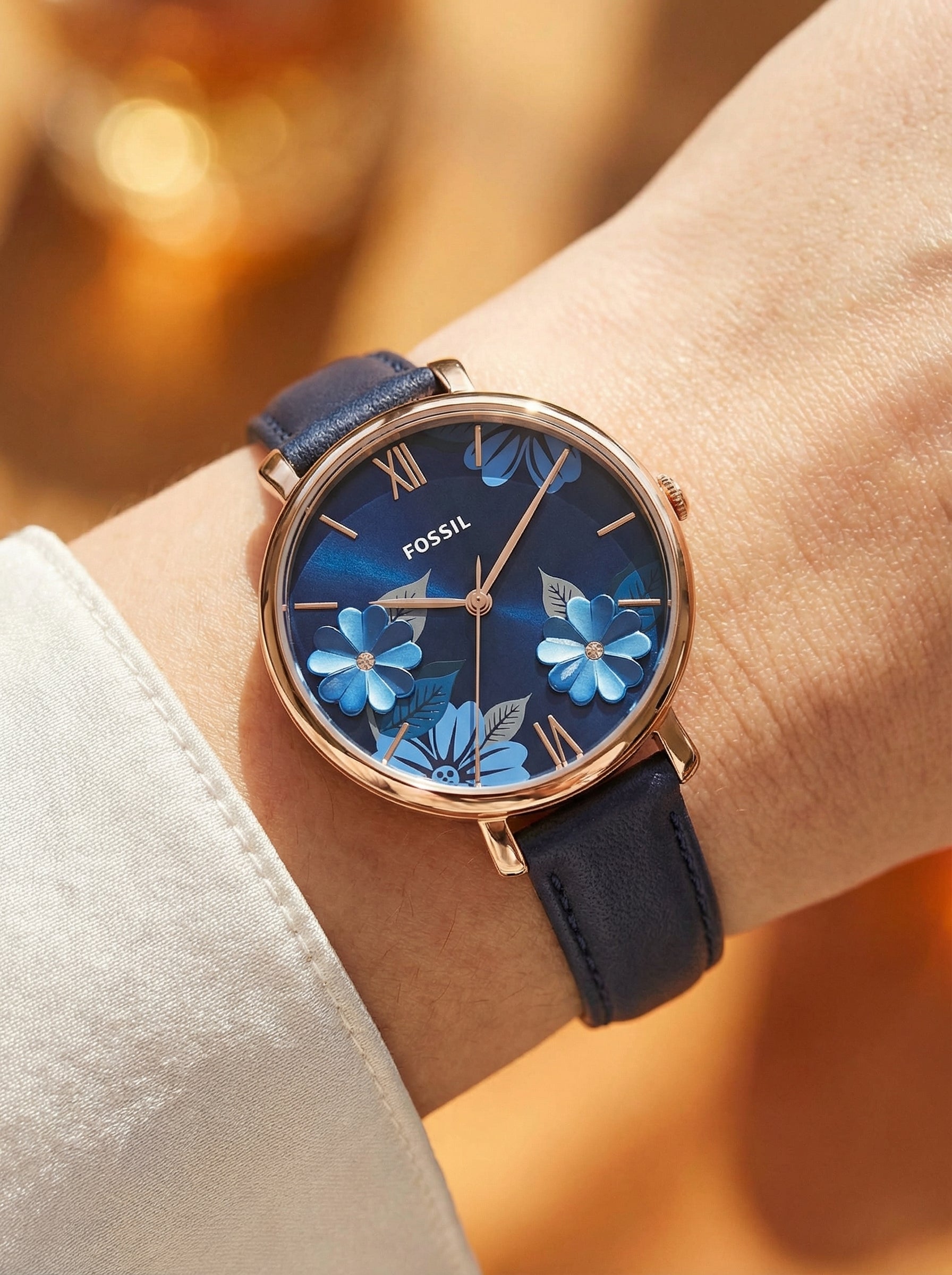 Fossil Carlie Mini ES4673 28mm Women’s Watch – Navy Floral Dial, Rose Gold-Tone Case & Leather Strap