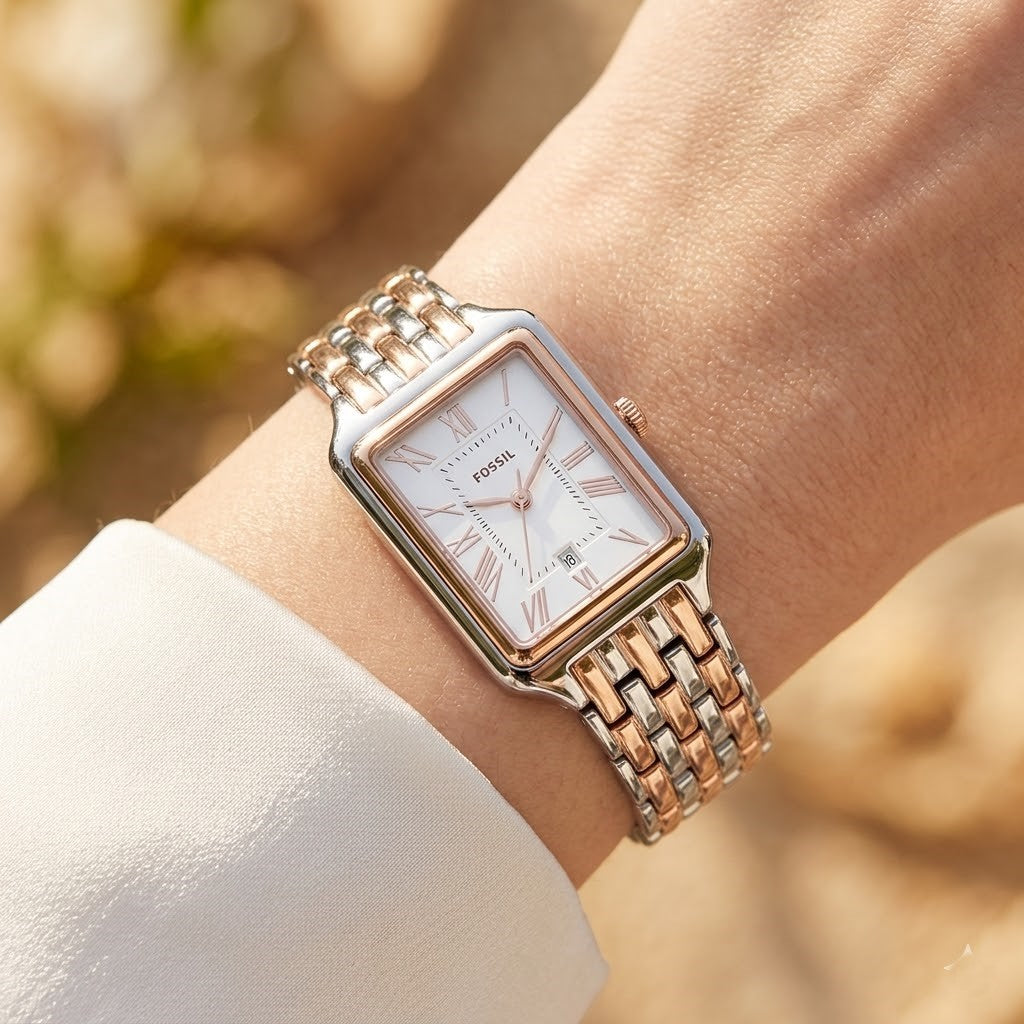 Fossil Raquel ES5222 Women’s Watch – White Dial, Silver & Rose Gold-Tone Bracelet & Date Display