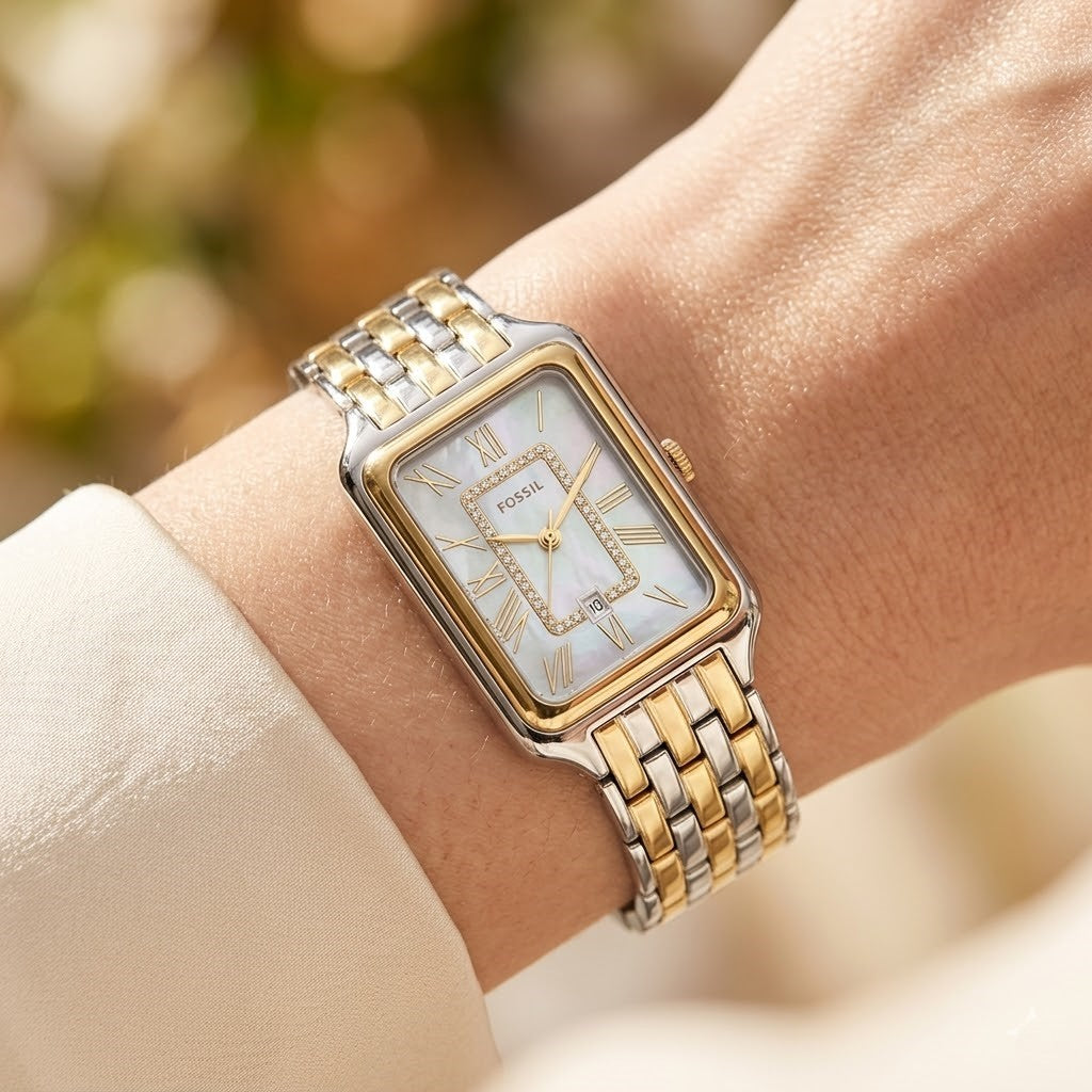 Fossil Raquel ES5305 Women’s Watch – Mother-of-Pearl Dial, Two-Tone Stainless Steel Bracelet & Crystal Accents