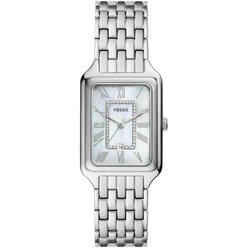 Fossil Raquel ES5306 Women’s Watch – Mother-of-Pearl Dial, Silver-Tone Stainless Steel Bracelet & Crystal Accents