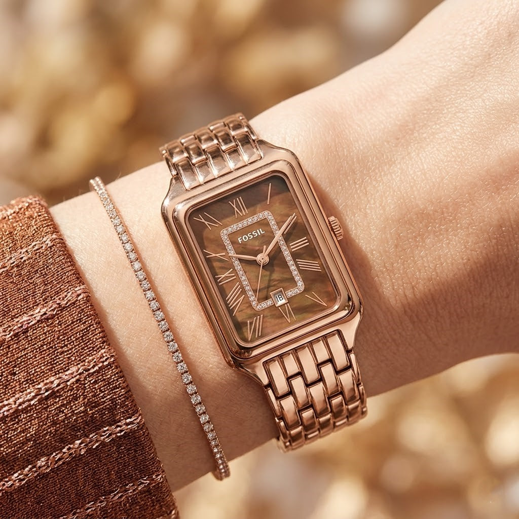 Fossil Raquel ES5323 Women’s Watch – Brown Mother-of-Pearl Dial, Rose Gold-Tone Bracelet & Crystal Accents