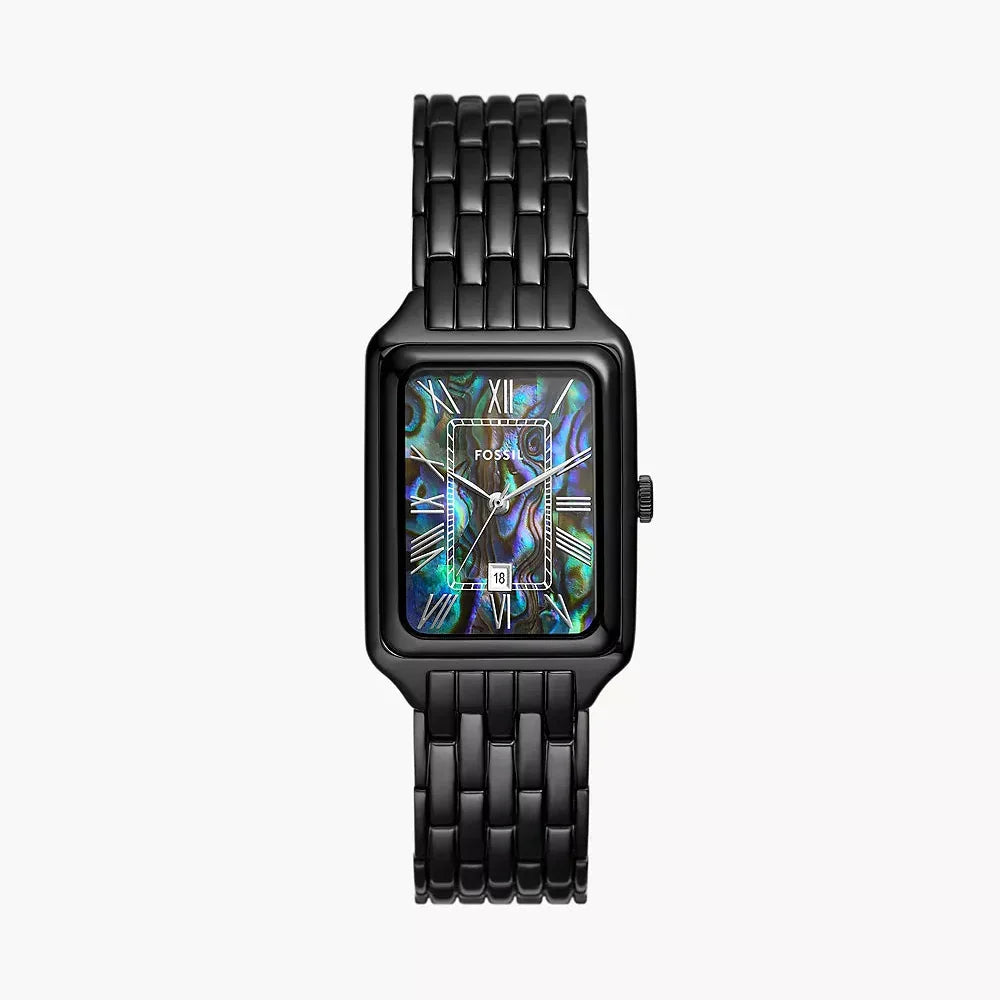 Fossil Raquel ES5340 Women’s Watch – Iridescent Abalone Dial, Black Stainless Steel Bracelet & Date Display