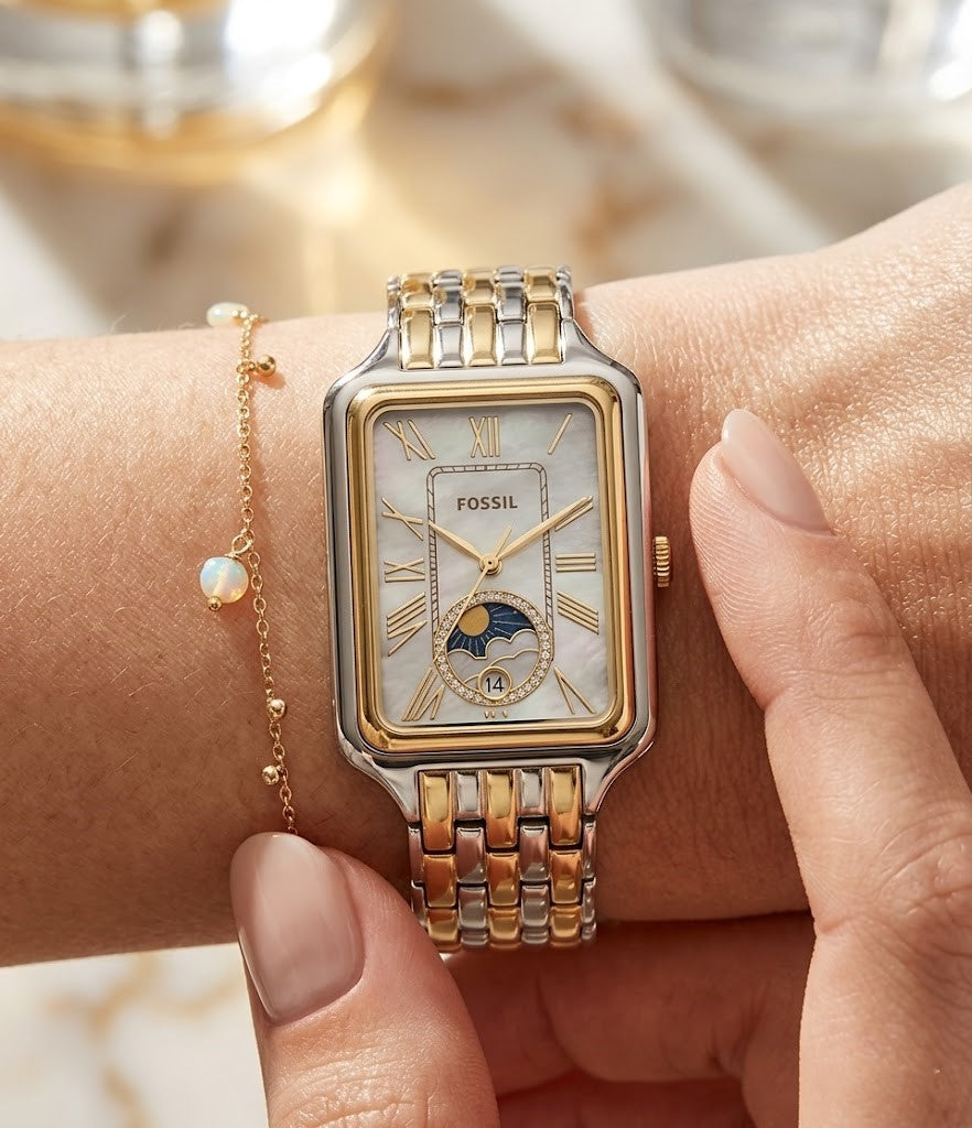 Fossil Raquel ES5399 Women’s Watch – Mother-of-Pearl Dial, Two-Tone Bracelet & Sun & Moon Display