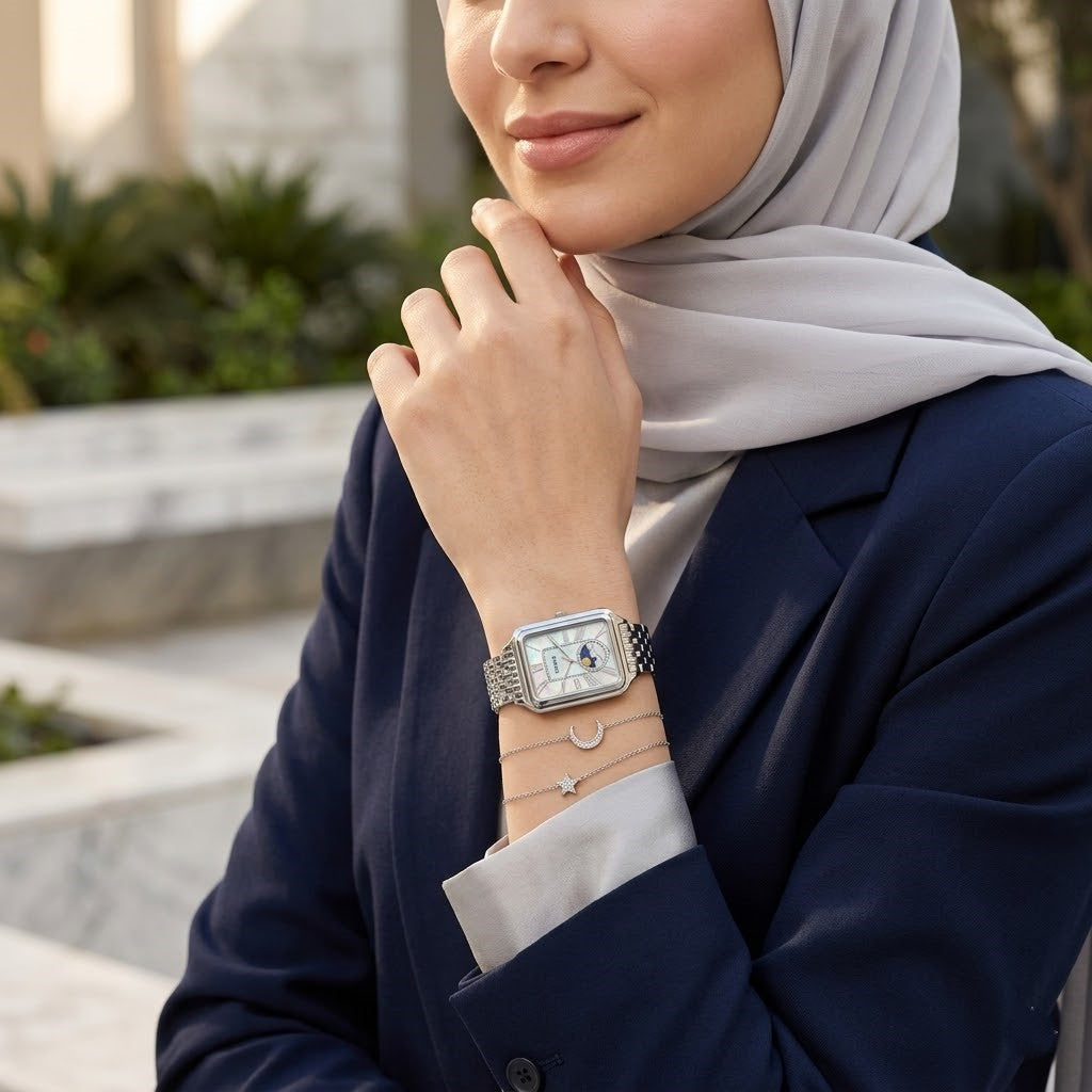 Fossil Raquel ES5400 Women’s Watch – Mother-of-Pearl Dial, Silver-Tone Bracelet & Sun & Moon Display