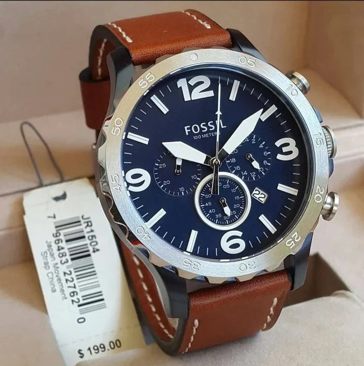 Fossil Nate JR1504 50mm Men’s Chronograph Watch – Navy Blue Dial & Brown Genuine Leather Strap