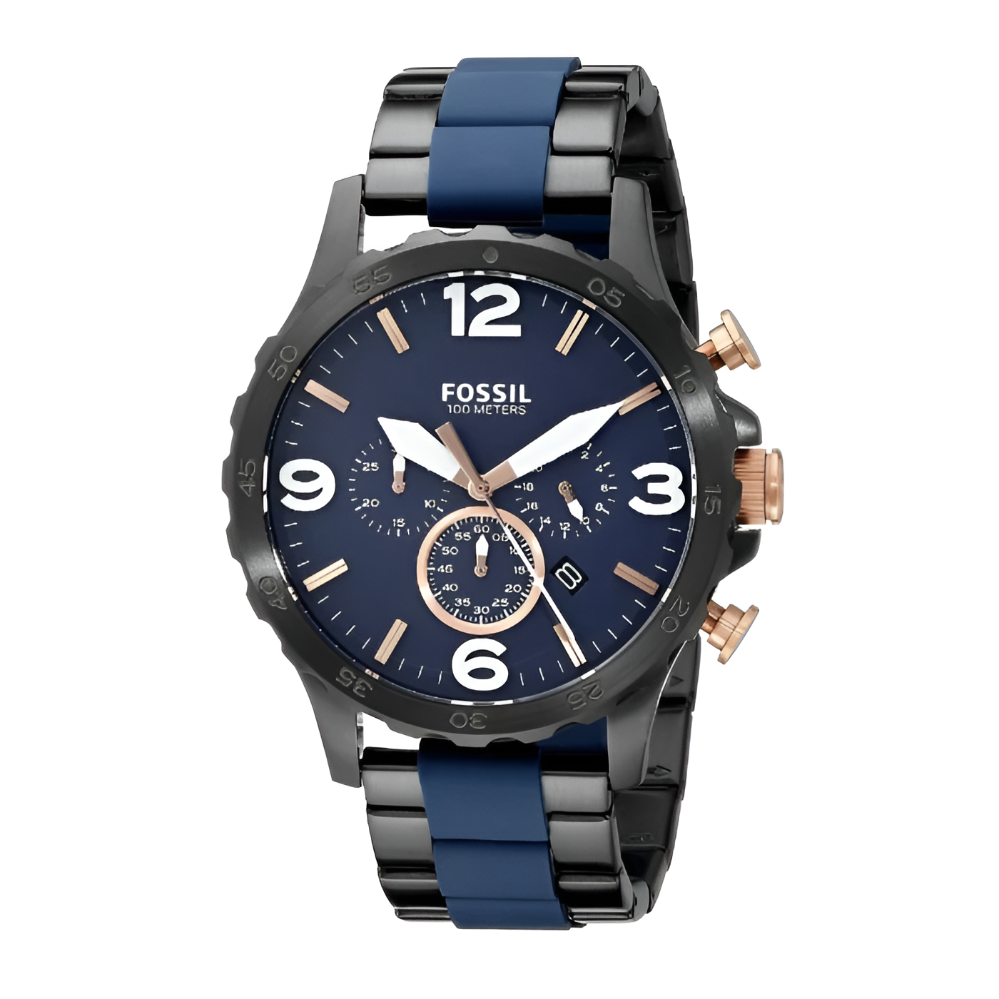 Fossil Nate JR1494 50mm Men’s Chronograph Watch – Blue Dial & Black and Blue-tone Stainless Steel Bracelet