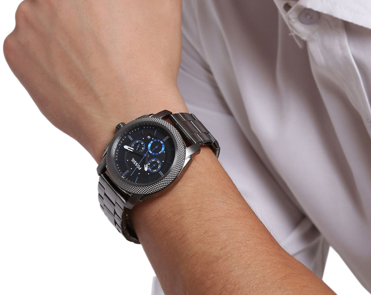 Fossil Machine FS4931 45mm Men’s Chronograph Watch – Black Dial with Blue Accents & Smoke-tone Stainless Steel Bracelet
