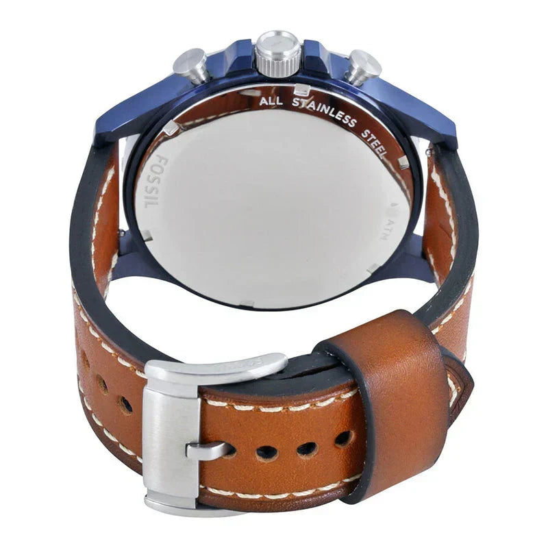 Fossil Nate JR1504 50mm Men’s Chronograph Watch – Navy Blue Dial & Brown Genuine Leather Strap