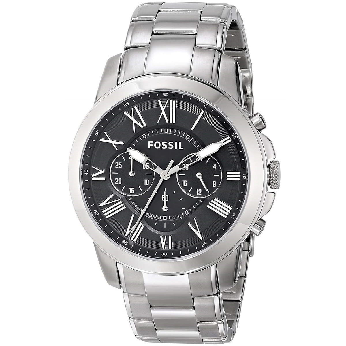 Fossil Grant FS4736 44mm Men’s Chronograph Watch – Black Dial & Silver-tone Stainless Steel Bracelet