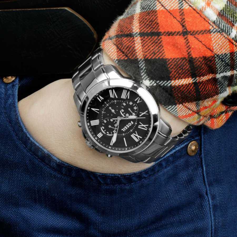 Fossil Grant FS4736 44mm Men’s Chronograph Watch – Black Dial & Silver-tone Stainless Steel Bracelet