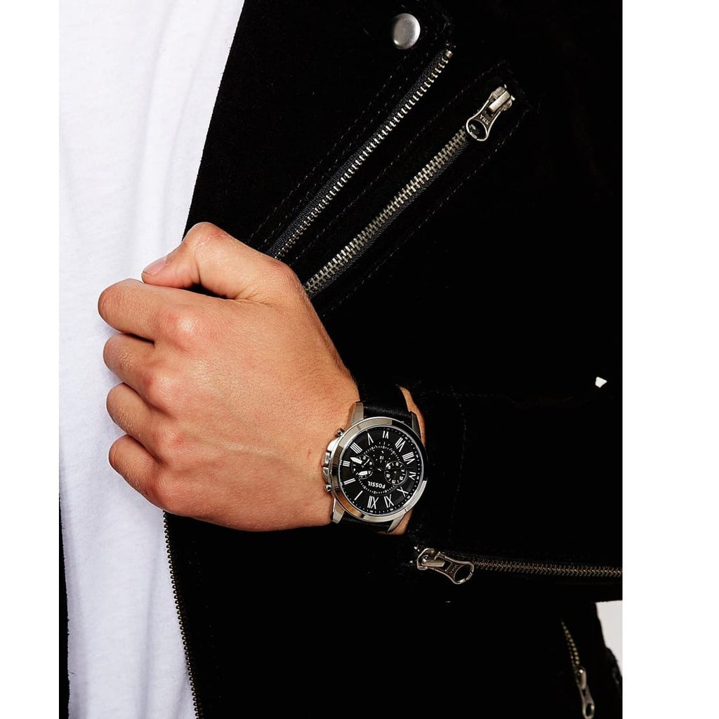 Fossil Grant FS4812 44mm Men’s Chronograph Watch – Black Dial & Black Genuine Leather Strap