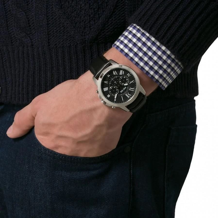 Fossil Grant FS4812 44mm Men’s Chronograph Watch – Black Dial & Black Genuine Leather Strap