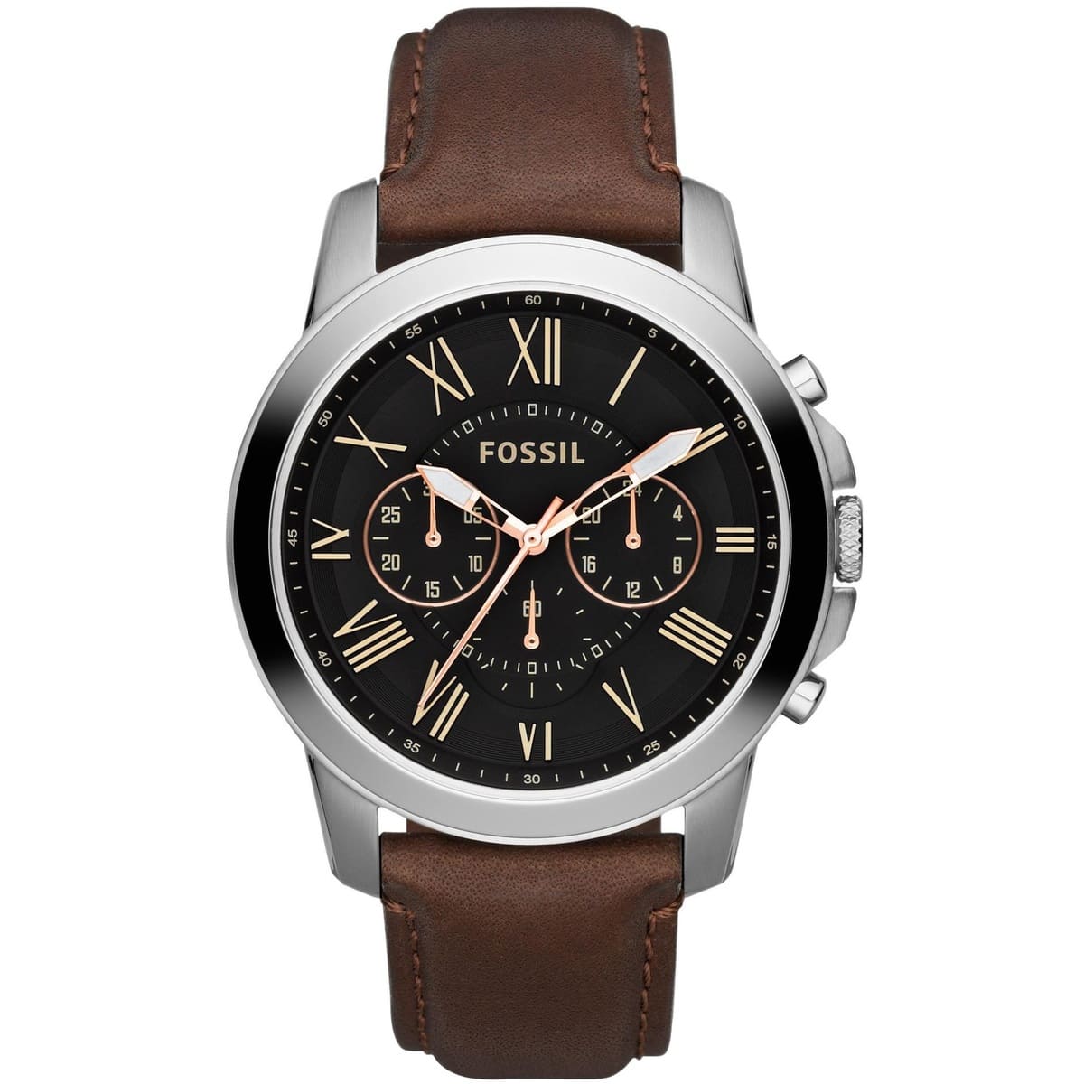 Fossil Grant FS4813 44mm Men’s Chronograph Watch – Black Dial & Brown Genuine Leather Strap
