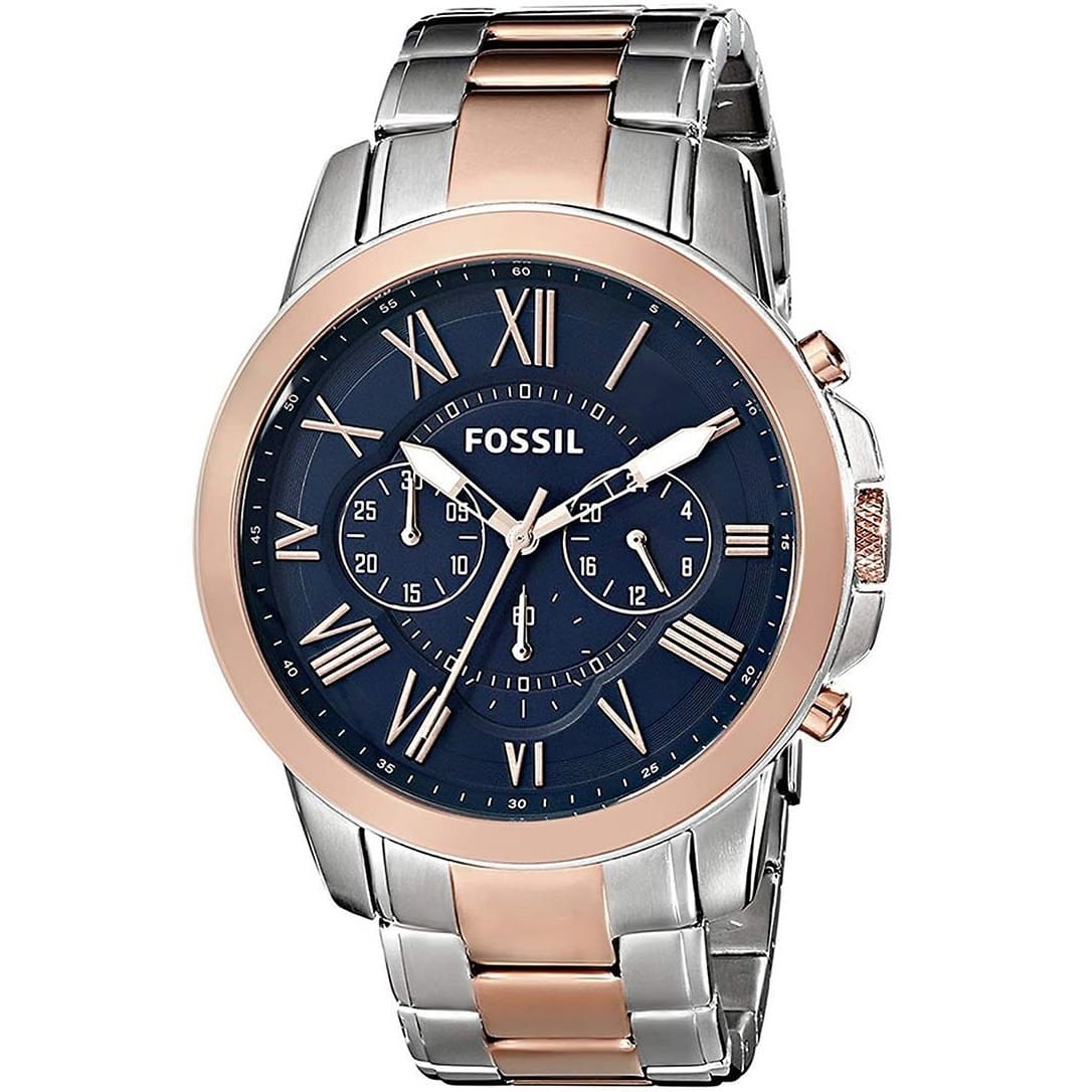 Fossil Grant FS5024 44mm Men’s Chronograph Watch – Blue Dial & Silver and Rose Gold-tone Stainless Steel Bracelet