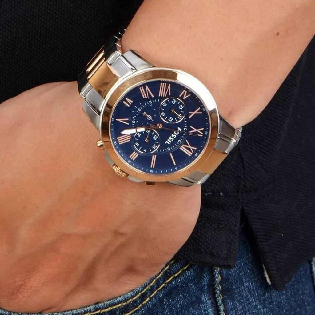 Fossil Grant FS5024 44mm Men’s Chronograph Watch – Blue Dial & Silver and Rose Gold-tone Stainless Steel Bracelet