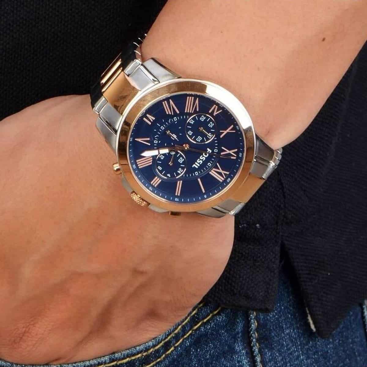Fossil Grant FS5024 44mm Men’s Chronograph Watch – Blue Dial & Silver and Rose Gold-tone Stainless Steel Bracelet