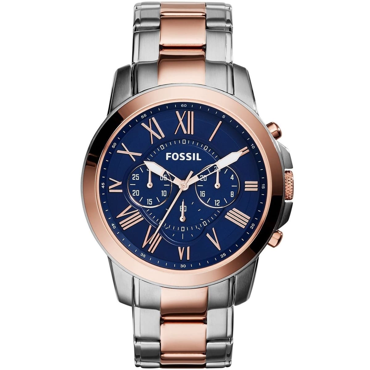Fossil Grant FS5024 44mm Men’s Chronograph Watch – Blue Dial & Silver and Rose Gold-tone Stainless Steel Bracelet