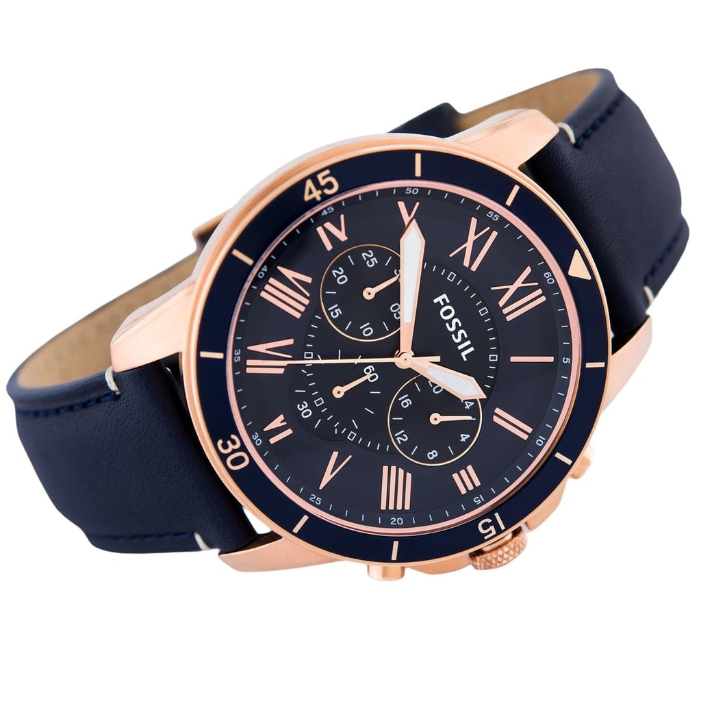Fossil Grant FS5237 44mm Men’s Chronograph Watch – Blue Dial & Blue Genuine Leather Strap
