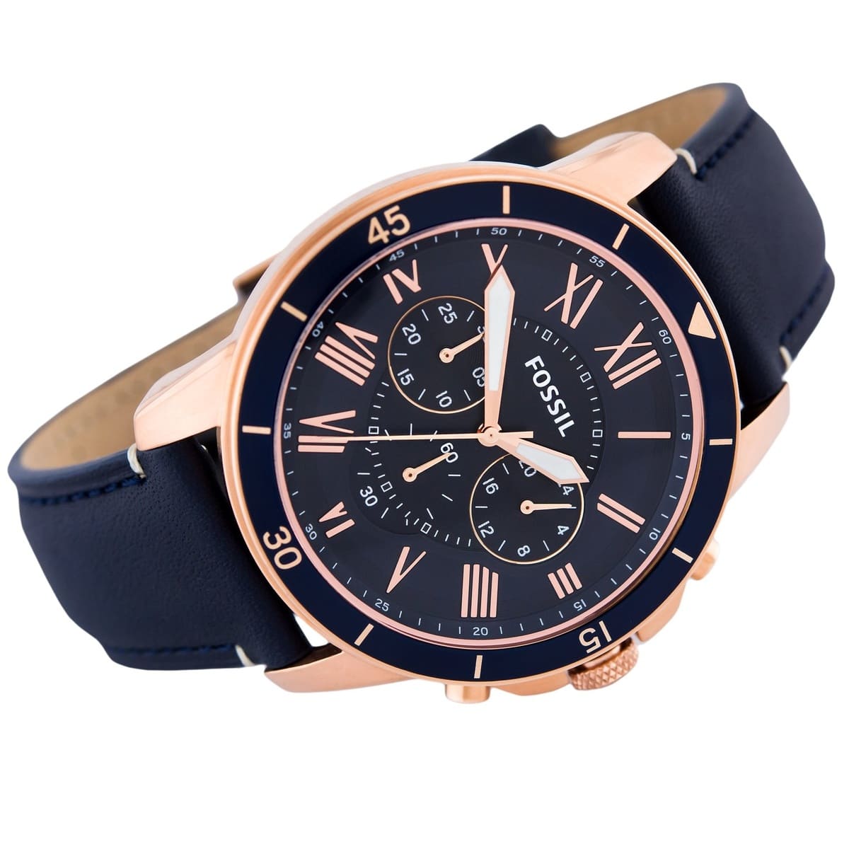 Fossil Grant FS5237 44mm Men’s Chronograph Watch – Blue Dial & Blue Genuine Leather Strap