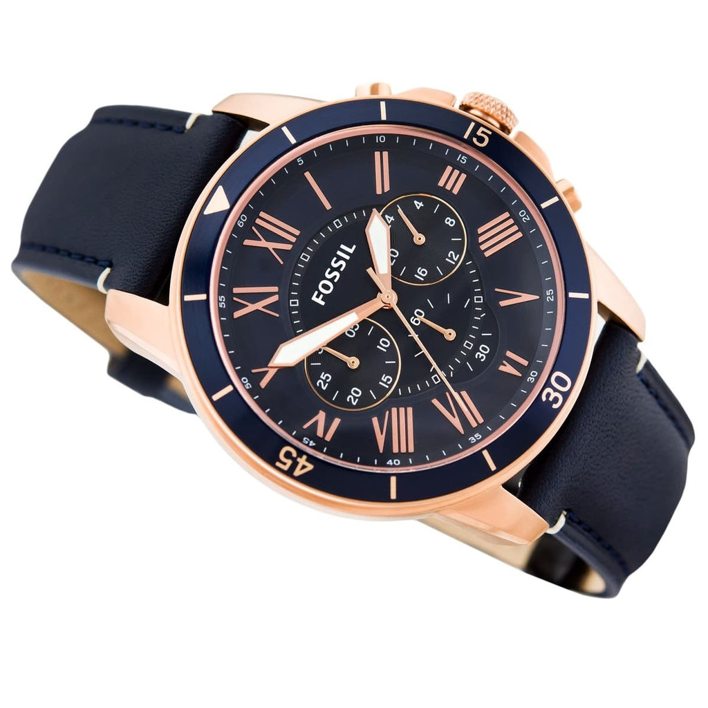Fossil Grant FS5237 44mm Men’s Chronograph Watch – Blue Dial & Blue Genuine Leather Strap