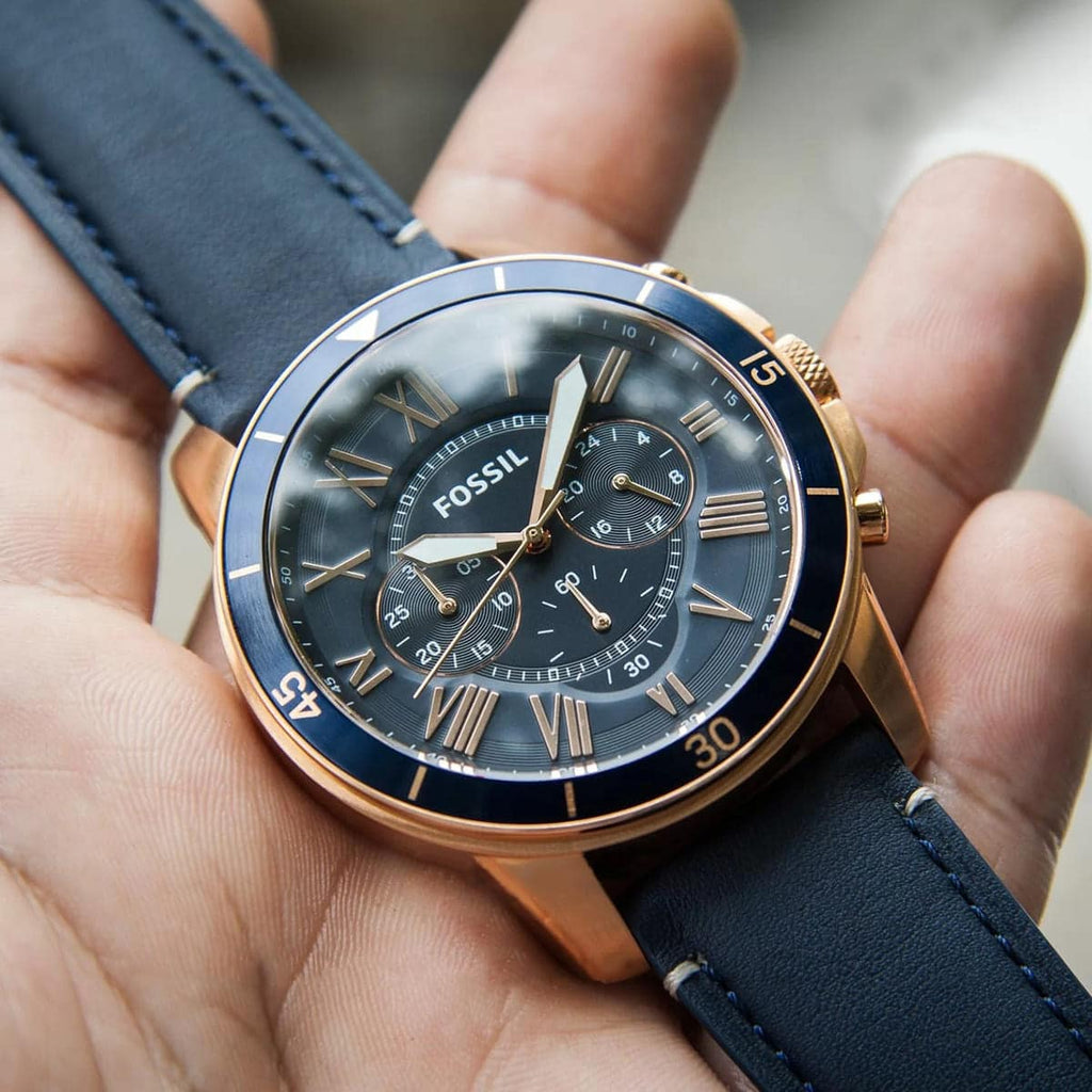 Fossil Grant FS5237 44mm Men’s Chronograph Watch – Blue Dial & Blue Genuine Leather Strap