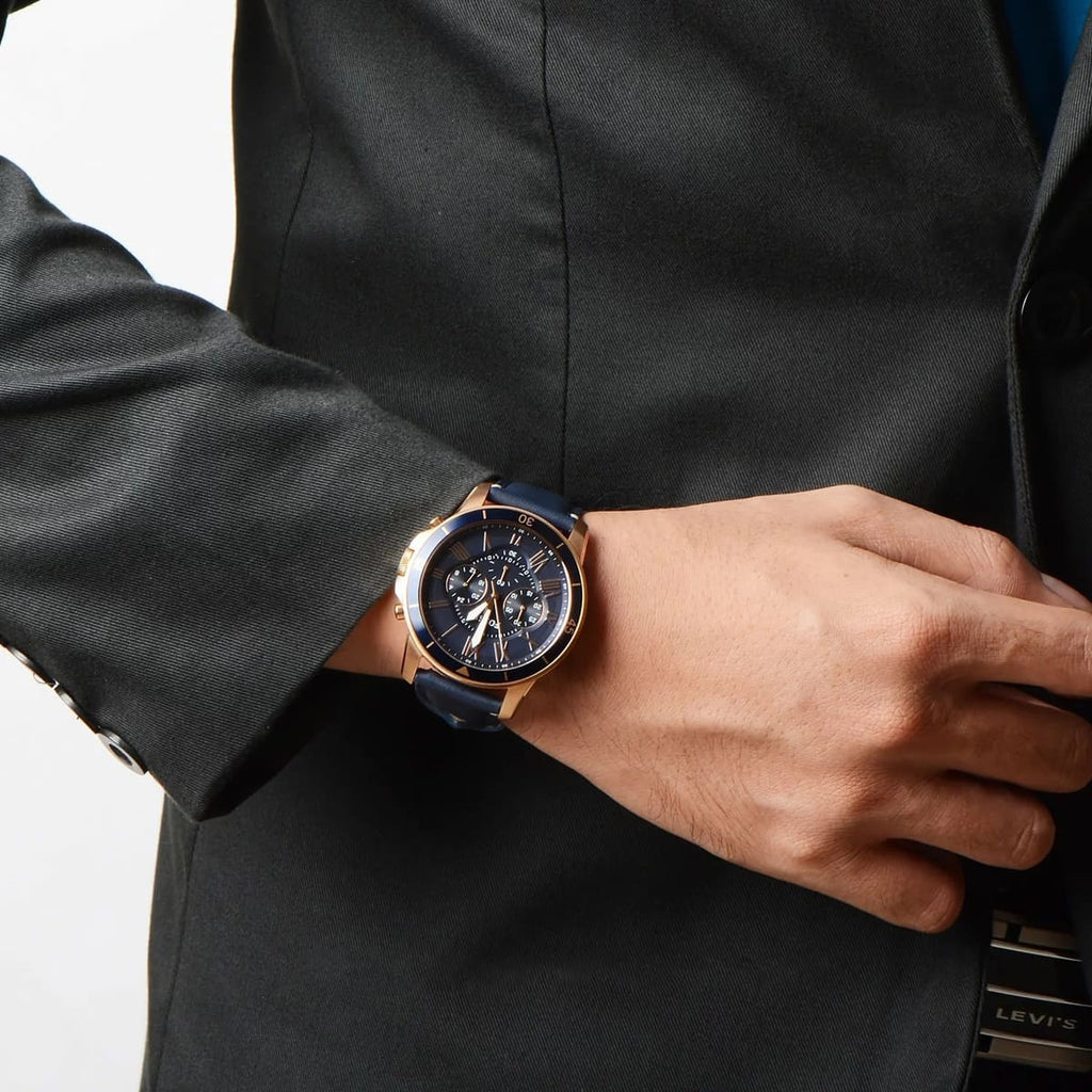 Fossil Grant FS5237 44mm Men’s Chronograph Watch – Blue Dial & Blue Genuine Leather Strap