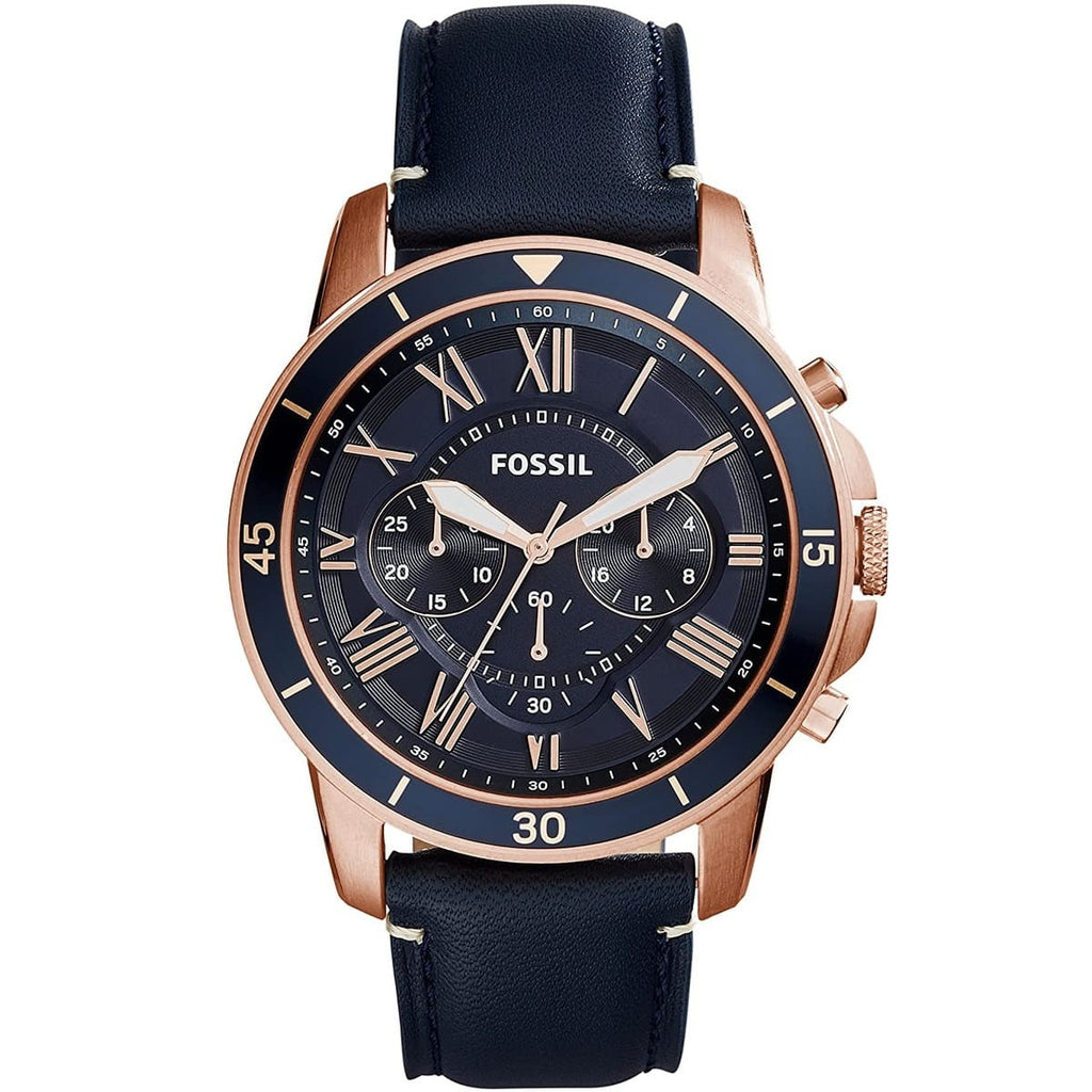 Fossil Grant FS5237 44mm Men’s Chronograph Watch – Blue Dial & Blue Genuine Leather Strap