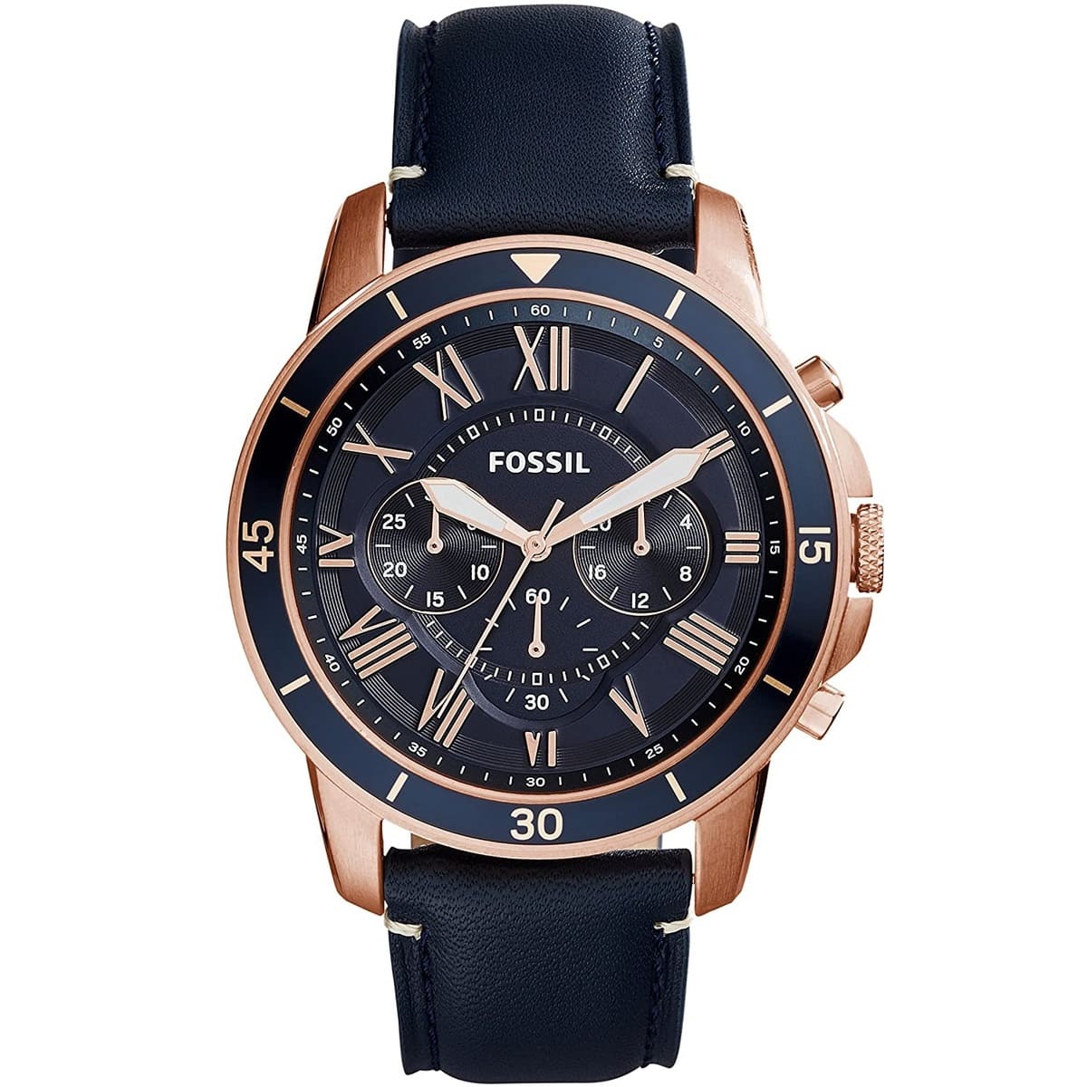 Fossil Grant FS5237 44mm Men’s Chronograph Watch – Blue Dial & Blue Genuine Leather Strap