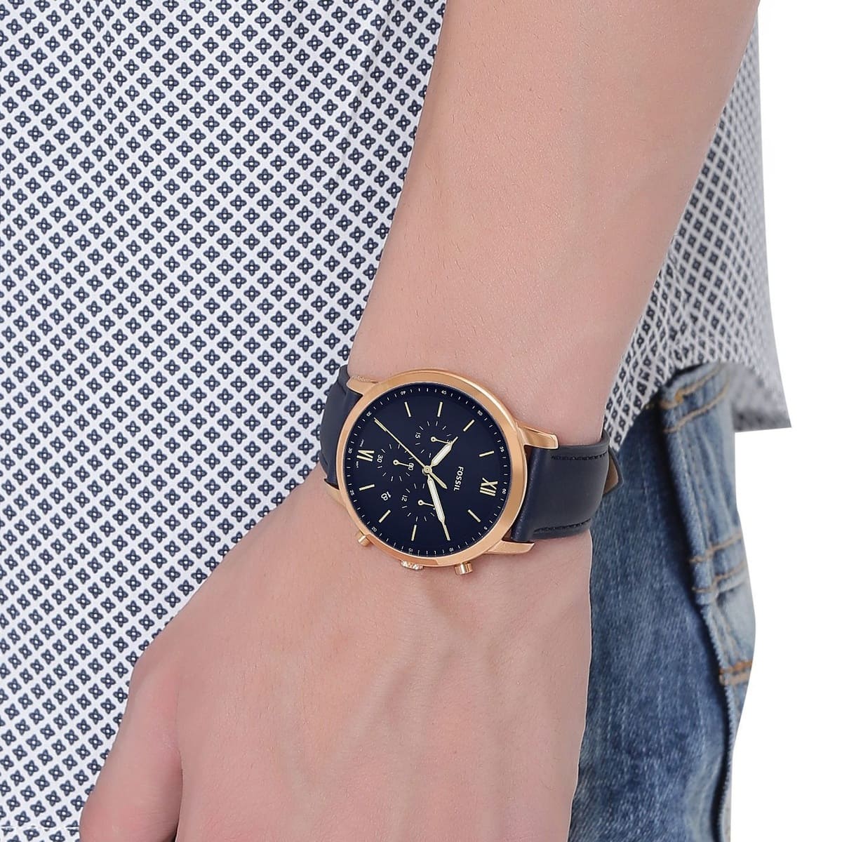 Fossil Neutra FS5454 44mm Men’s Chronograph Watch – Blue Dial & Blue Genuine Leather Strap