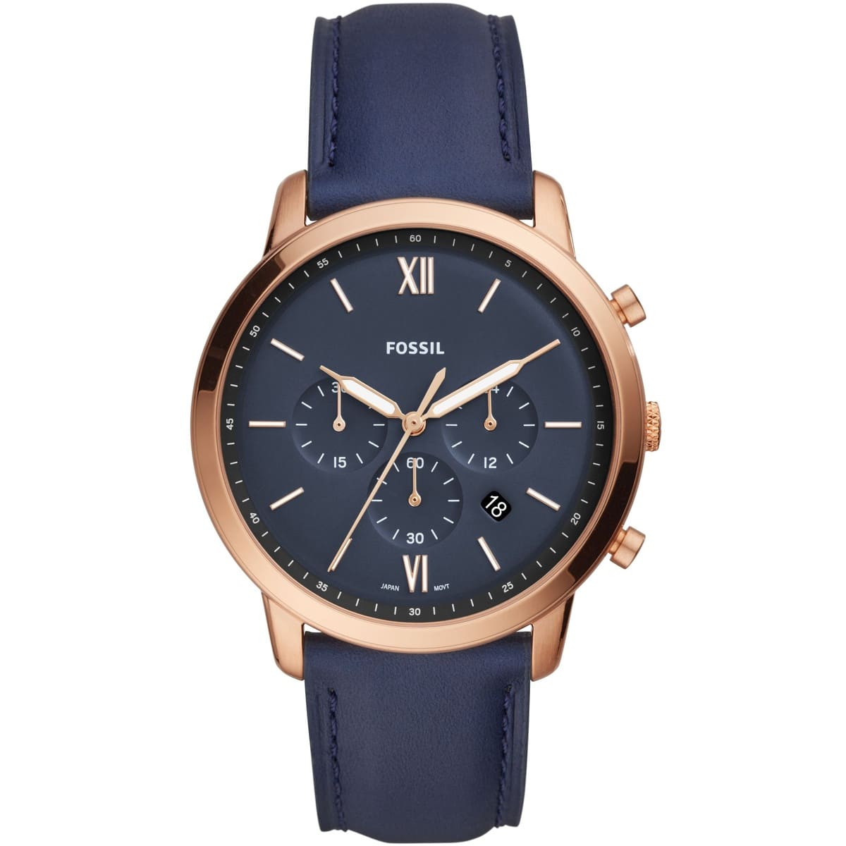 Fossil Neutra FS5454 44mm Men’s Chronograph Watch – Blue Dial & Blue Genuine Leather Strap