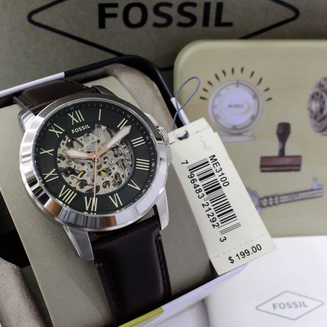 Fossil ME3100 45mm Men’s Automatic Watch – Skeleton Dial & Genuine Leather Strap